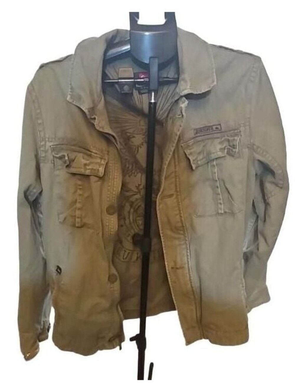Quiksilver Men's Green Military Style Utility Jacket with Graphic Inner Lining S